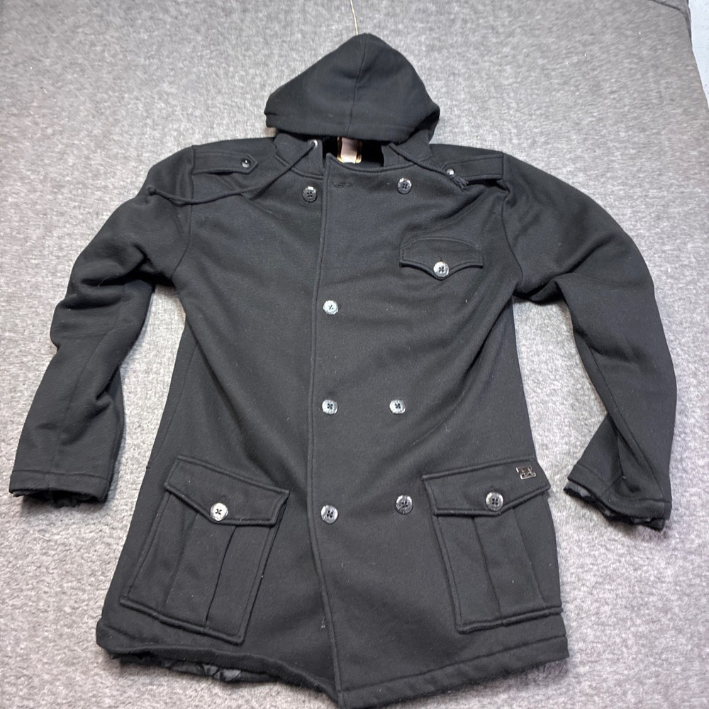 Billabong Peacoat Hooded Jacket Women Medium Black Double Breasted Fleece surf‎